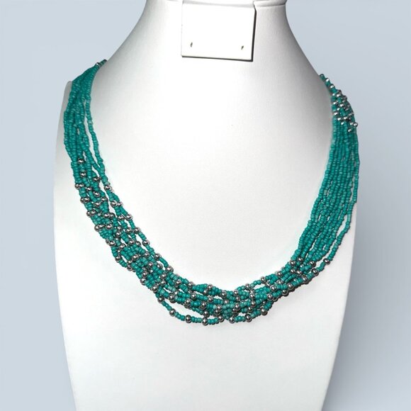 Unknown Jewelry - Multi-Strand Turquoise & Silver Beaded Necklace With Adjustable Clasp 32in Adjus